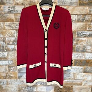 St. John Red Cardigan with Black and Cream Accents